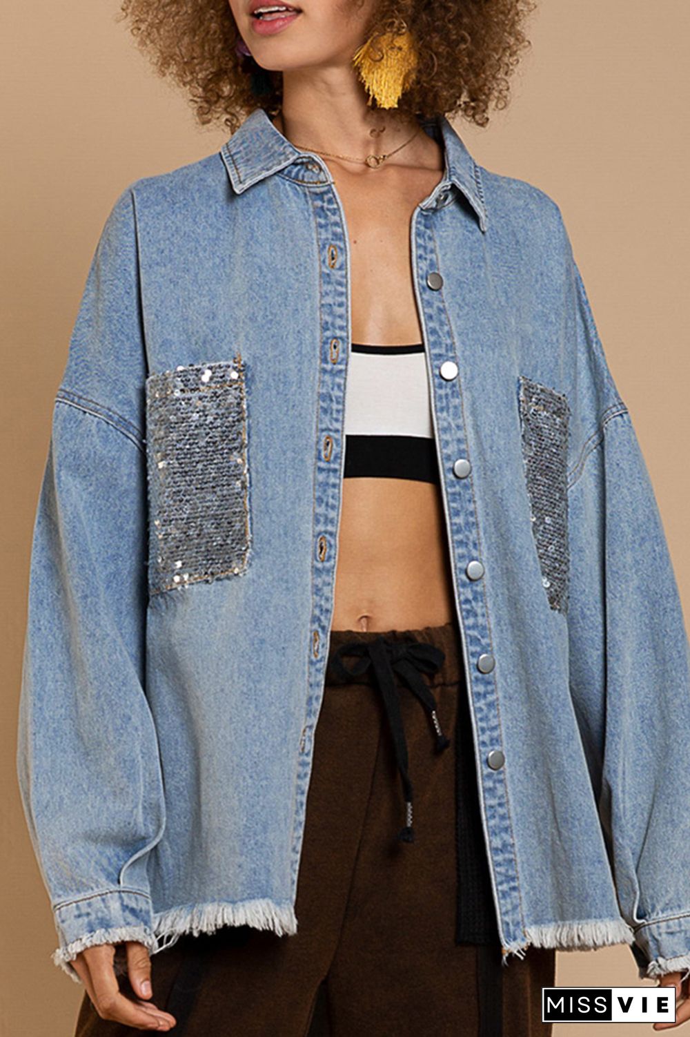 Sequin Pockets Open Button Denim Jackets