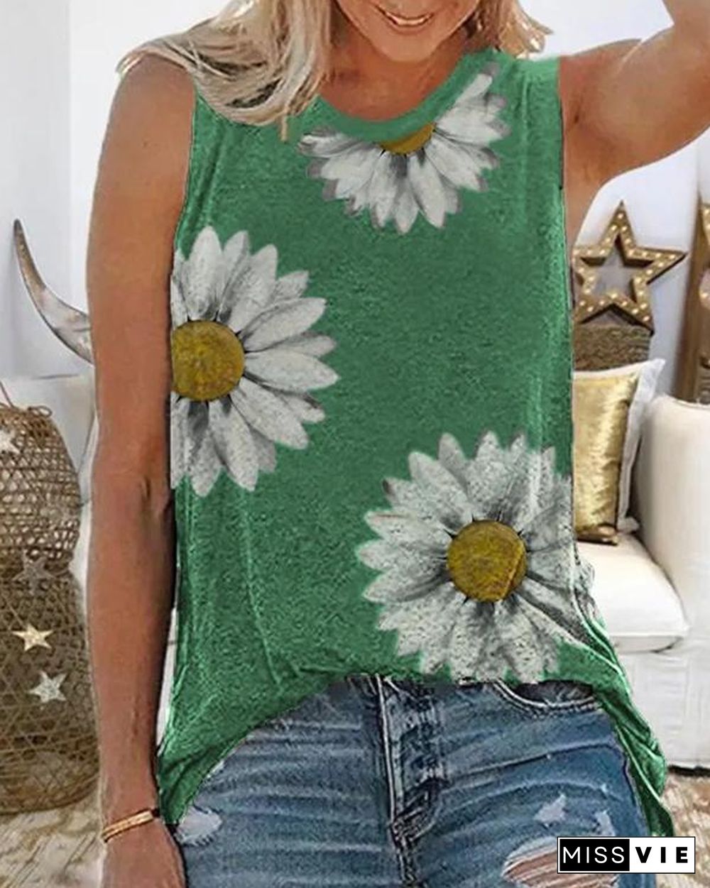 Plus size Floral Casual Sleeveless Shirts & Tops