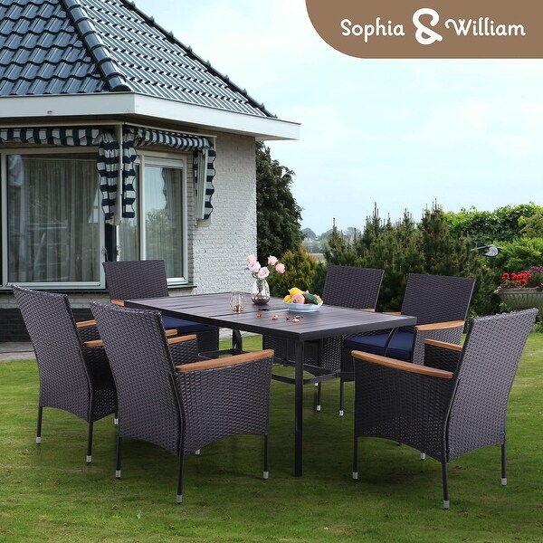 7 Pieces PE Rattan Patio Dining Sets，Modern Wicker Conversation Armhairs with Cushions and 2.6