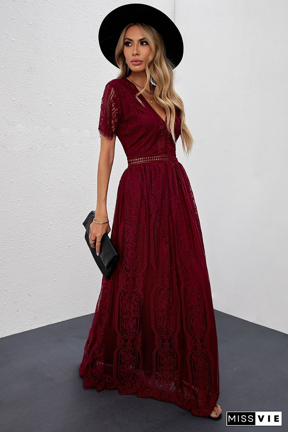 Burgundy Deep V Neck Short Sleeve Lace Maxi Dress