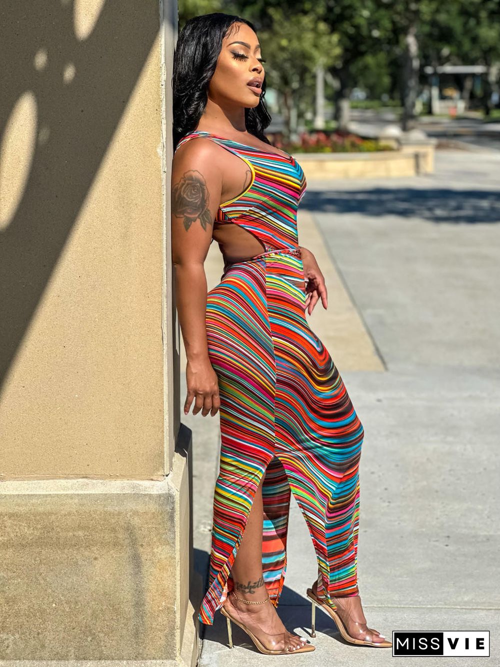 Striped Print Sleeveless Side Slit Maxi Dresses