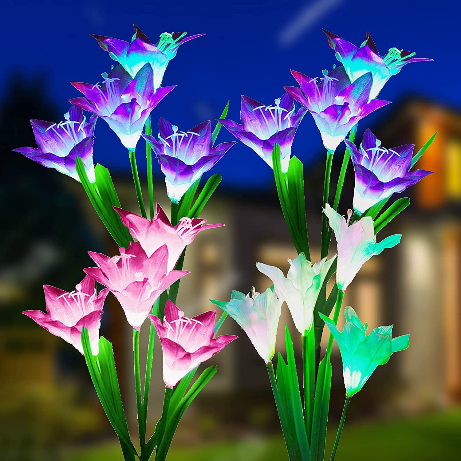 VICOUP 4 Pack Outdoor Solar Garden Stake Lights ， Waterproof  7Color Solar Powered Lights with 16 Lily Flowers