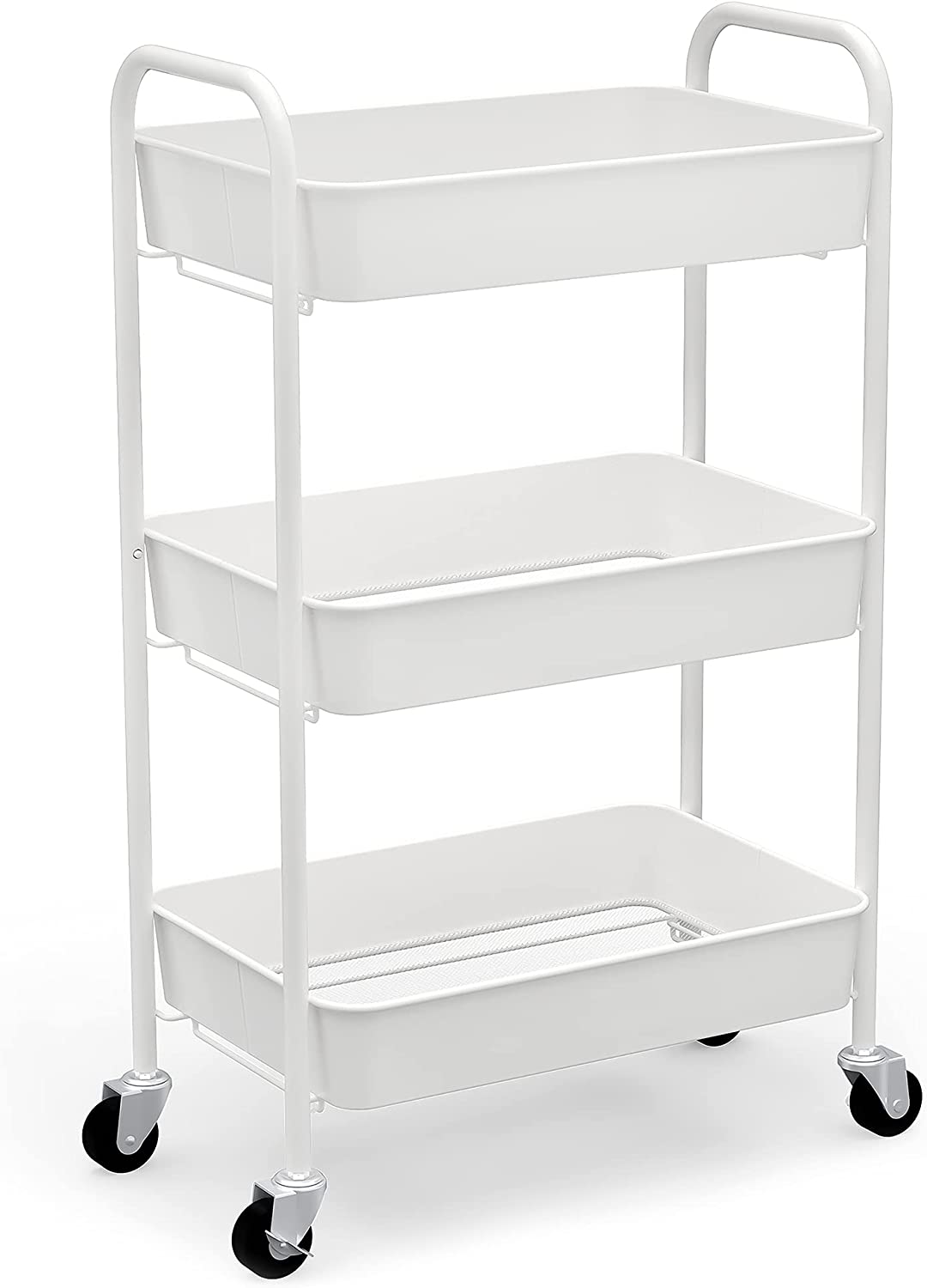 CAXXA 3-Tier Rolling Metal Storage Organizer - Mobile Utility Cart Kitchen Cart with Caster Wheels， White