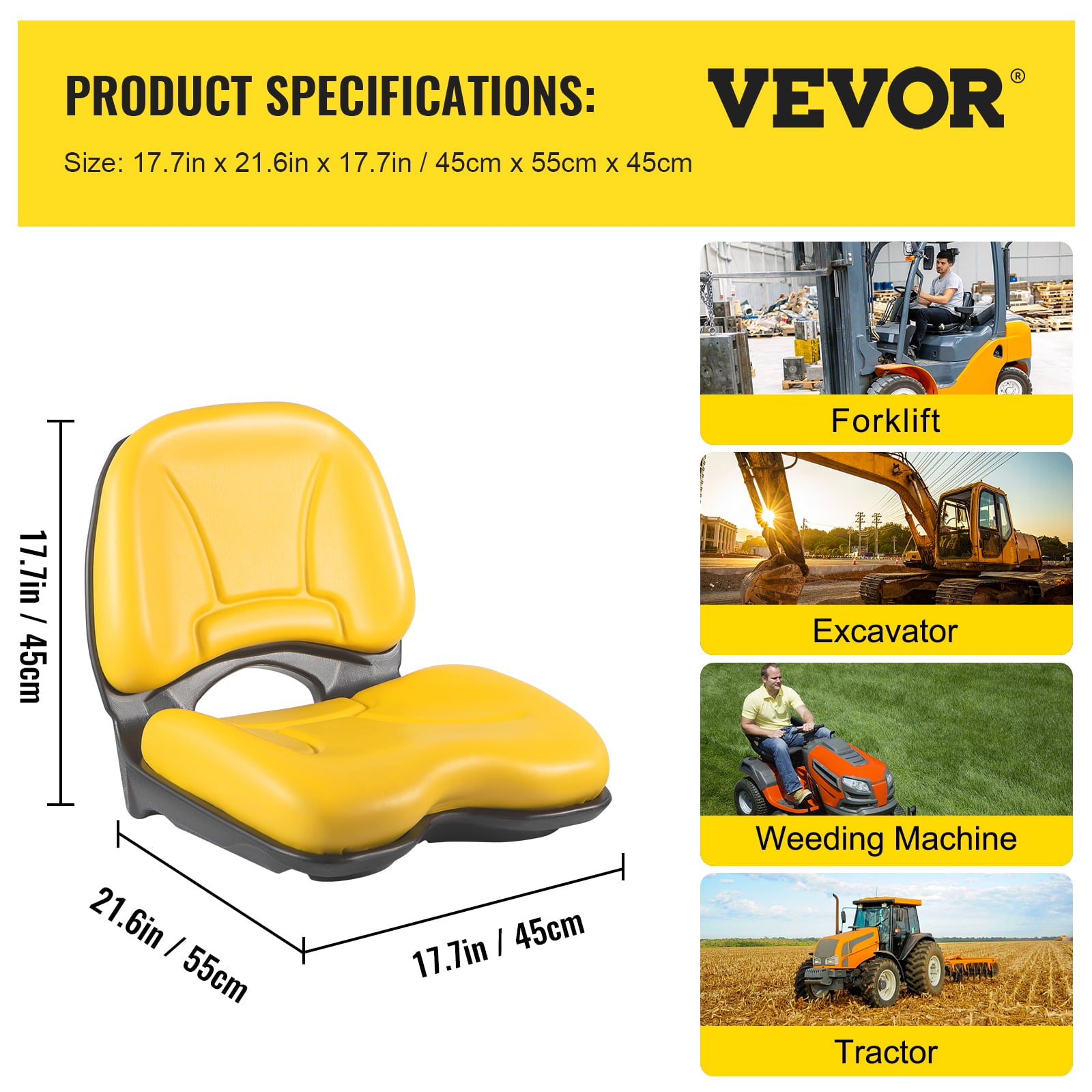 VEVOR Universal Tractor Seat， Industrial High Back， Waterproof PVC Lawn and Garden Mower Seat Replacement， Steel Frame Forklift Seat with Drain Hole， Compatible with Excavator， Mower， Forklift， Yellow