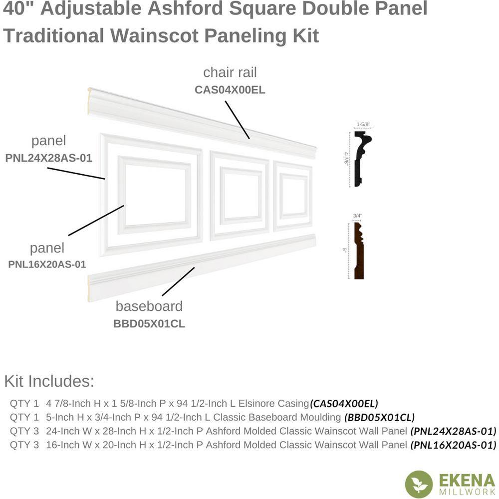 Ekena Millwork 94-12 in. Adjustable 40 in. to 44 in. Ashford Square Double Panel Traditional Wainscot Paneling Kit WPKUDP012P040