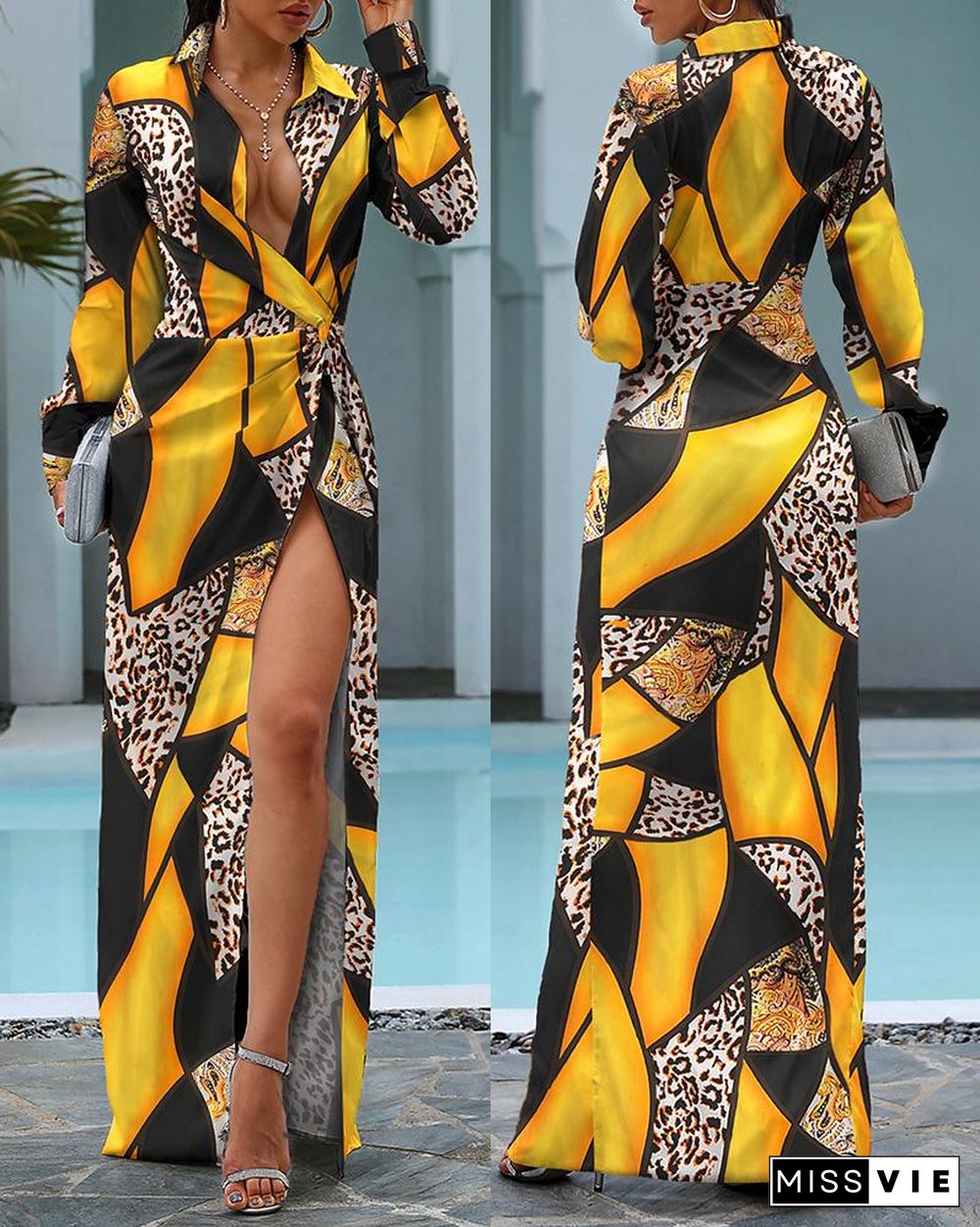 Cheetah Print Colorblock Twisted High Slit Shirt Dress