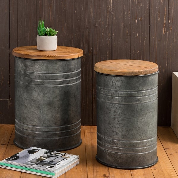 Glitzhome Industrial Farmhouse Round Storage End Tables (Set of 2)