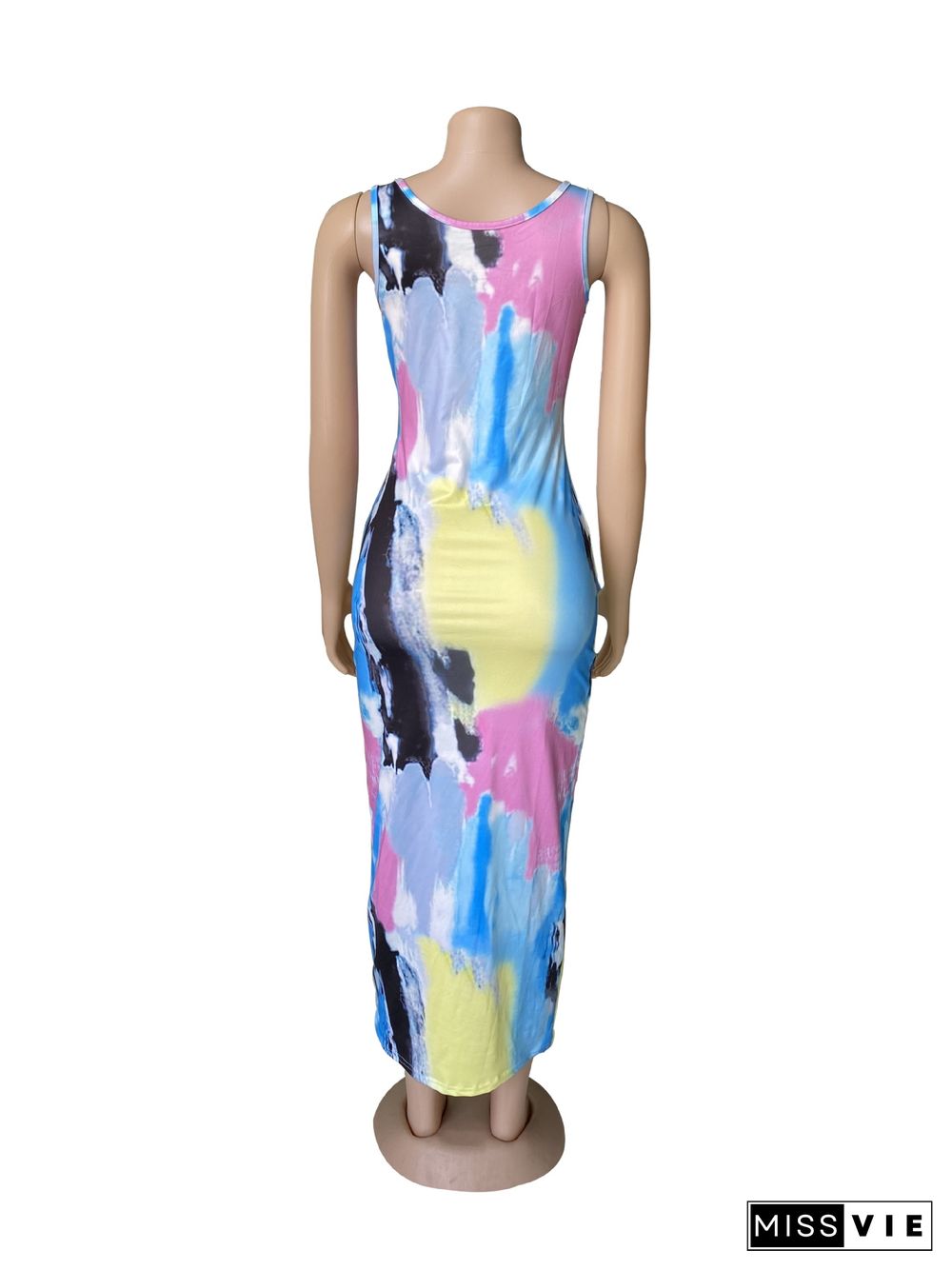 Women Graffiti Print Slim Fit Sleeveless Fashion Summer Evening Party Bodycon Long Maxi Dress