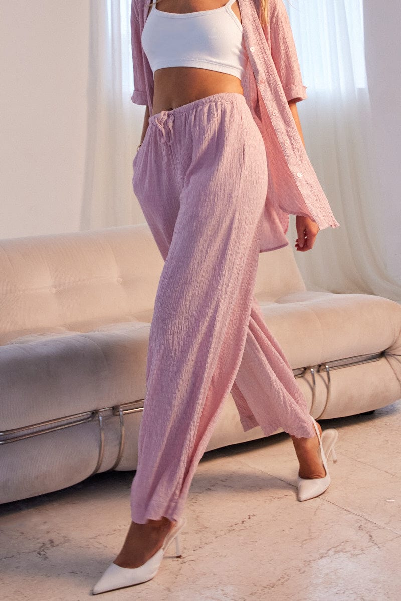 Pink Wide Leg Pants High Rise Textured Fabric