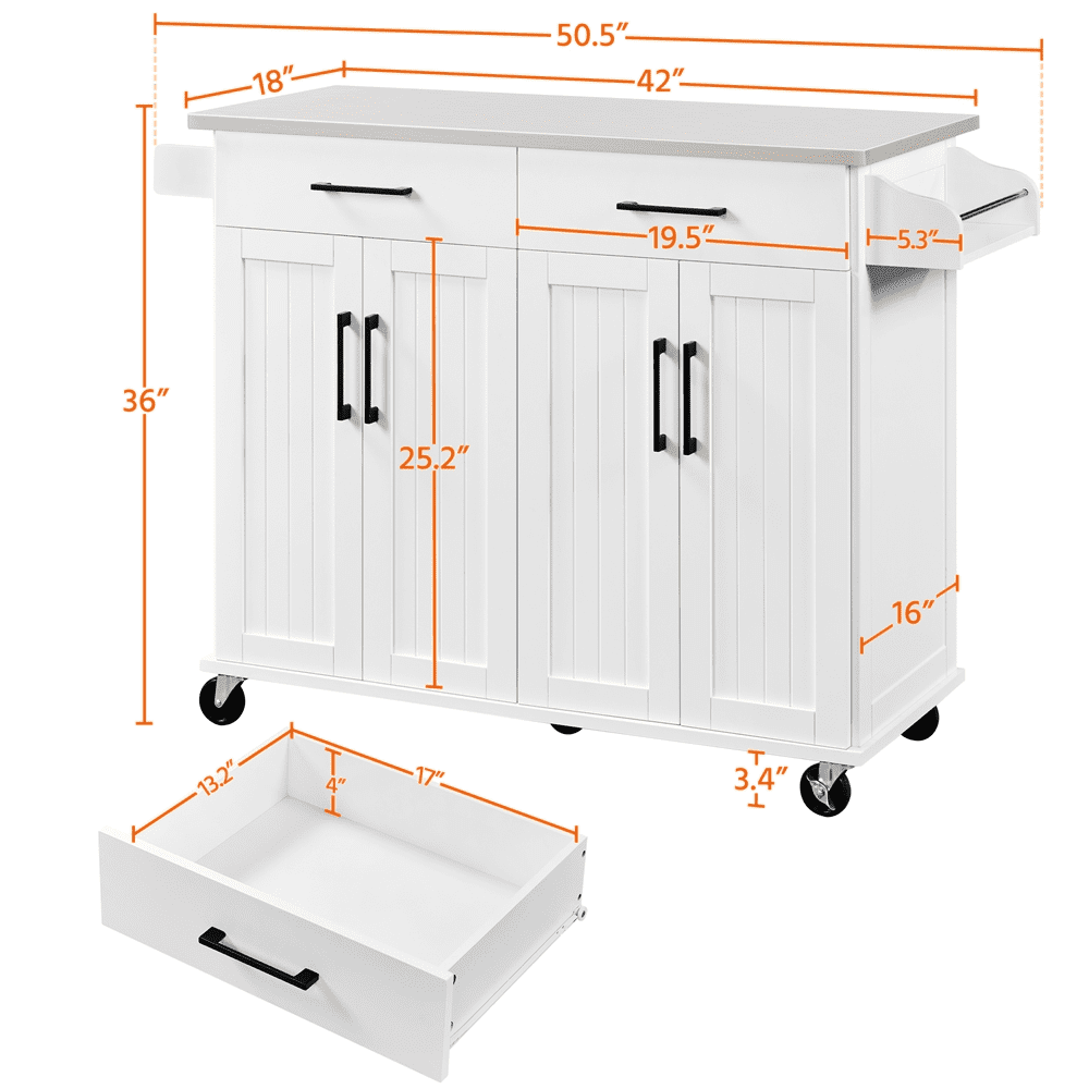 Yaheetech Kitchen Island with Storage Drawers and Cabinets and Towel Bar and Spice Rack， White