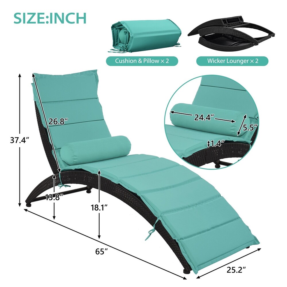 Black Wicker Sun Lounger  PE Rattan Foldable Chaise Lounger with Removable Turquoise Cushion and Bolster Pillow(2 Pack)