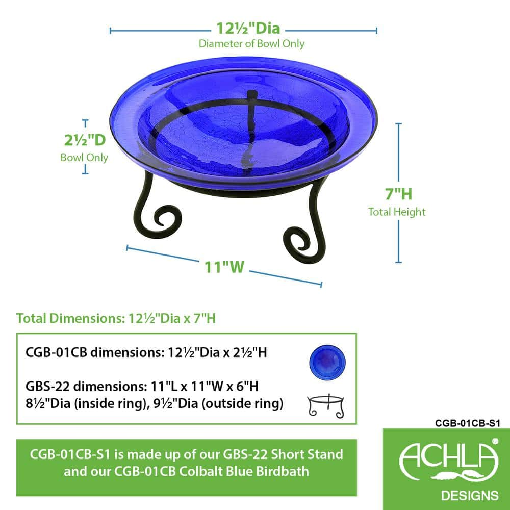 Achla Designs 12.5 in. Dia Cobalt Blue Reflective Crackle Glass Birdbath Bowl with Short Stand CGB-01CB-S1