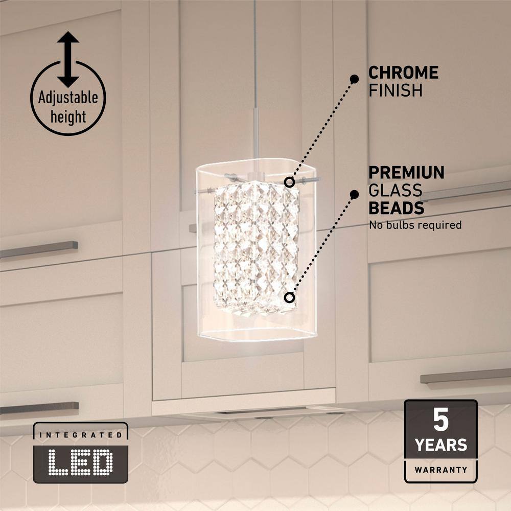 Artika Crystal Cube 5.5-Watt Integrated LED Chrome Modern Hanging Mini Pendant Light Fixture for Kitchen Island or Living Room PDT-1CC