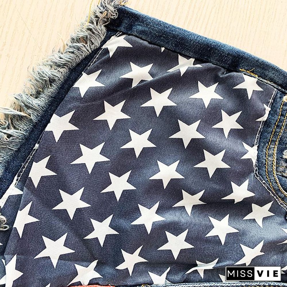 Flag Tassel Star Printed Denim Women's Shorts