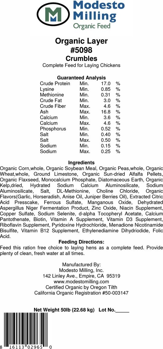 Modesto Milling Organic Layer Crumbles Poultry Feed