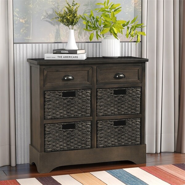 Wicker locker control table， two drawers and four classic rattan baskets