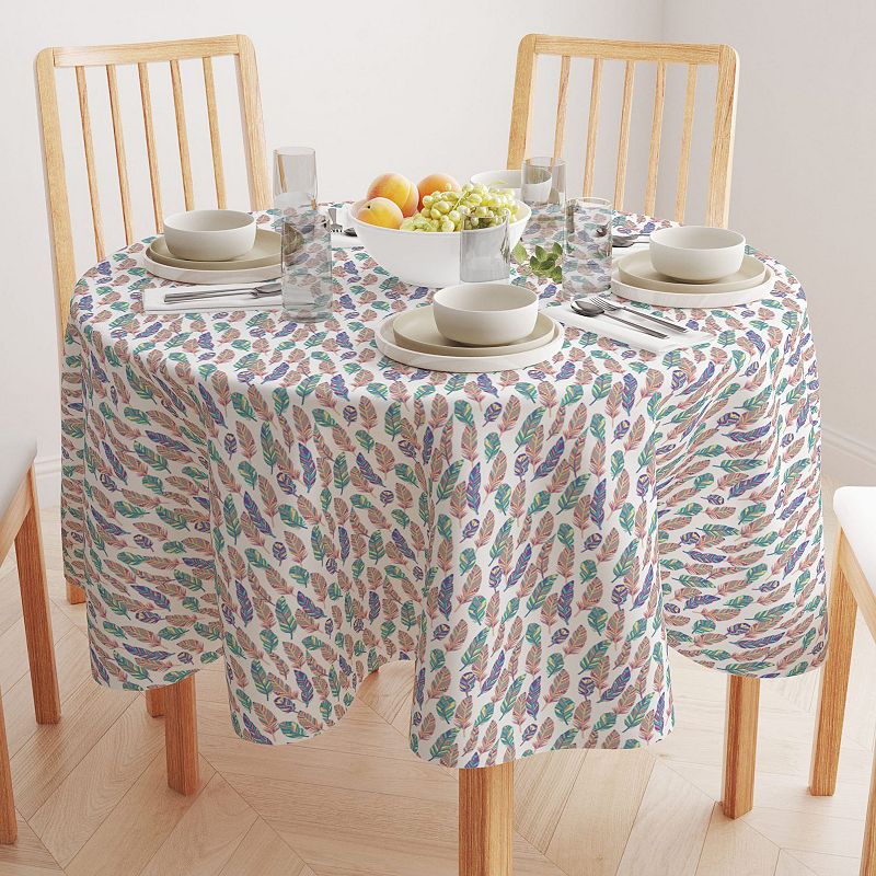 Round Tablecloth， 100% Cotton， 60 Round， Doodle Patterned Feathers