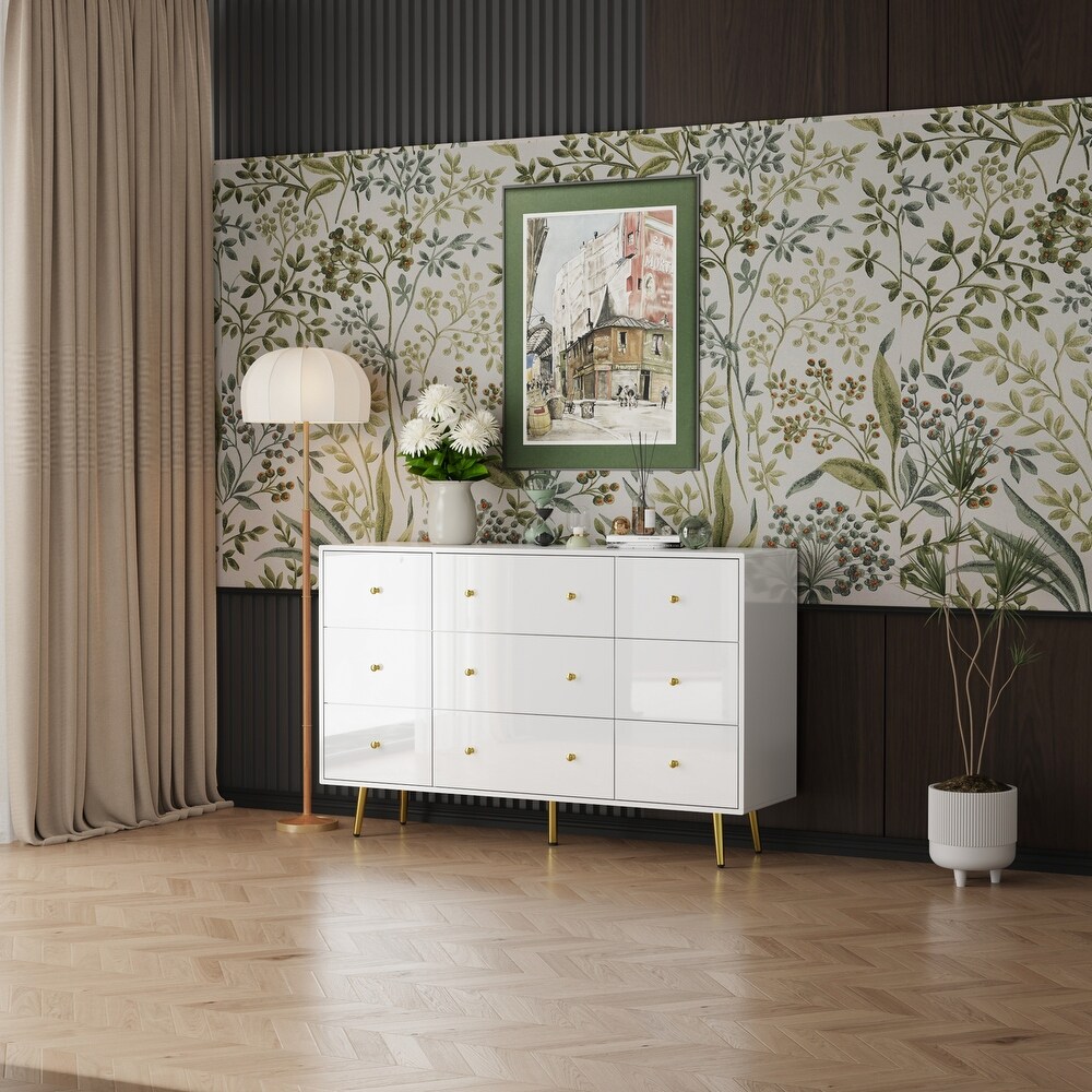 Contemporary 9 Drawer Dresser   High Gloss Finish with Gold Legs Chest