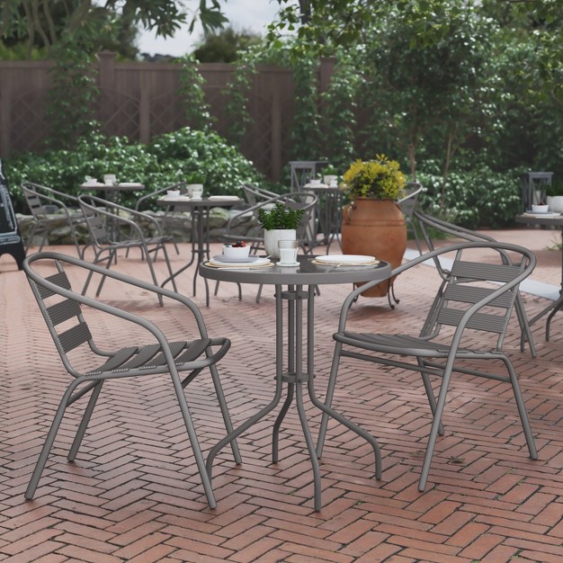 Flash Furniture Lila 23 75 x27 x27 Round Glass Metal Table With 2 Metal Aluminum Slat Stack Chairs