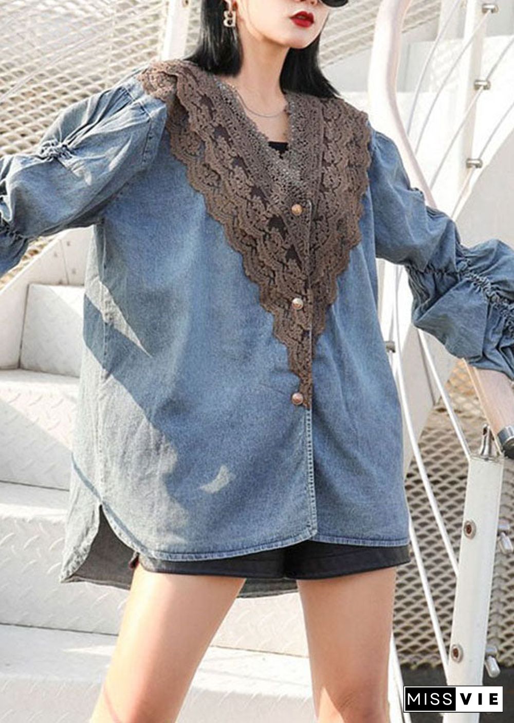 Modern Blue V Neck Wrinkled Lace Patchwork Denim Shirts Coat Spring