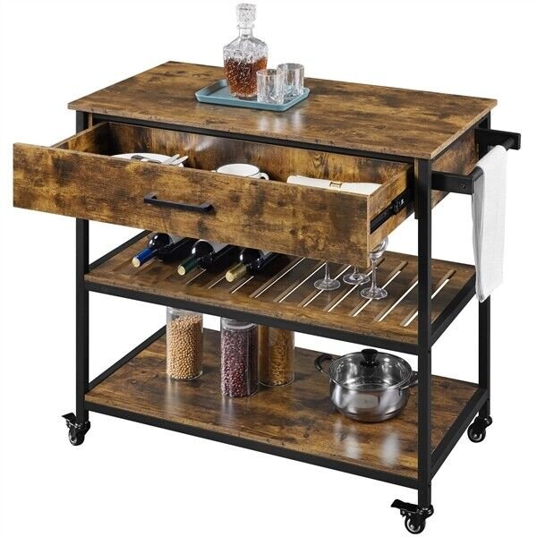 Rolling Kitchen Cart Serving Cart on Wheels w/Drawer and Shelves， Rustic Brown