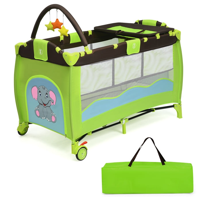 BABY JOY 3 in 1 Pack and Play, Portable Playard with Hanging Toys, 2 Lockable Wheels Diaper Changing Table