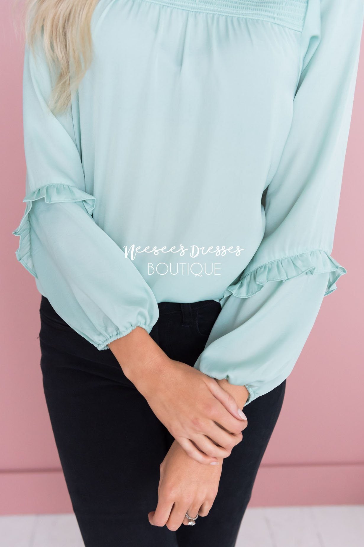 Mint Smocked Satin Blouse