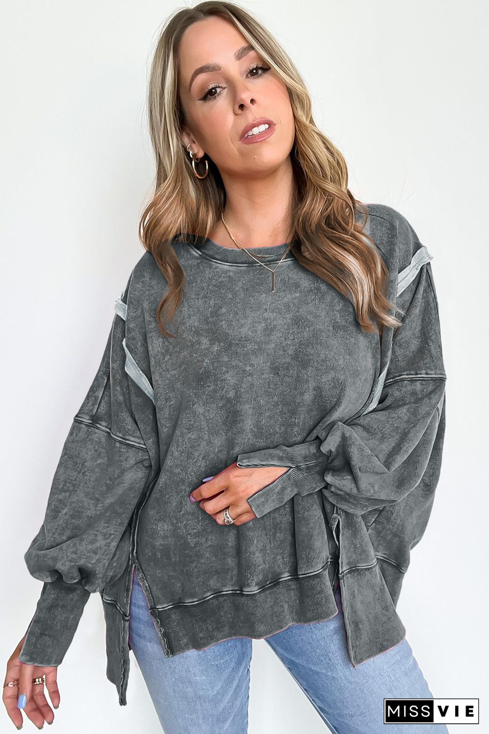 Gray Acid Wash Relaxed Fit Seamed Pullover Sweatshirt with Slits