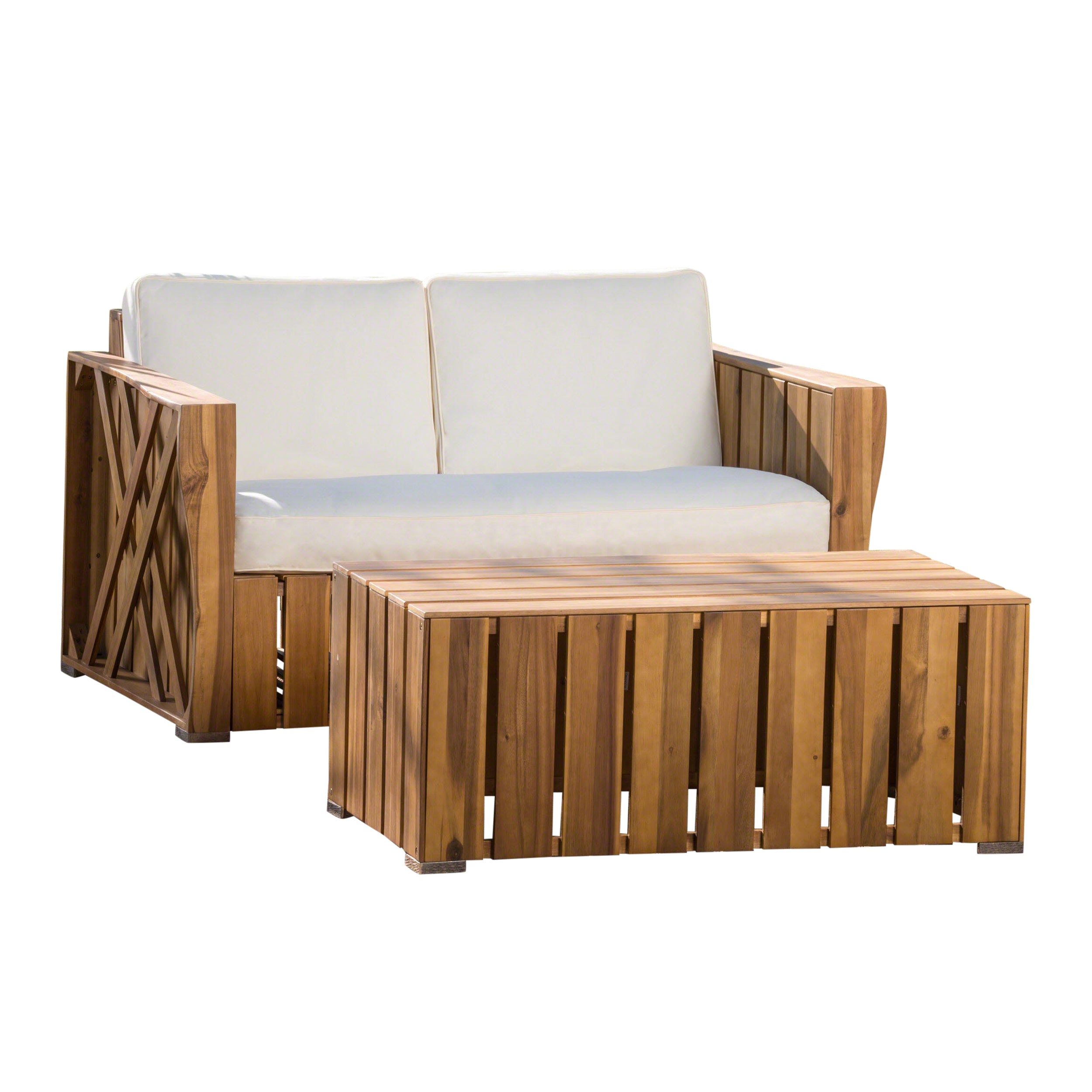 Edward Outdoor Acacia Wood Loveseat and Coffee Table Set with Cushions