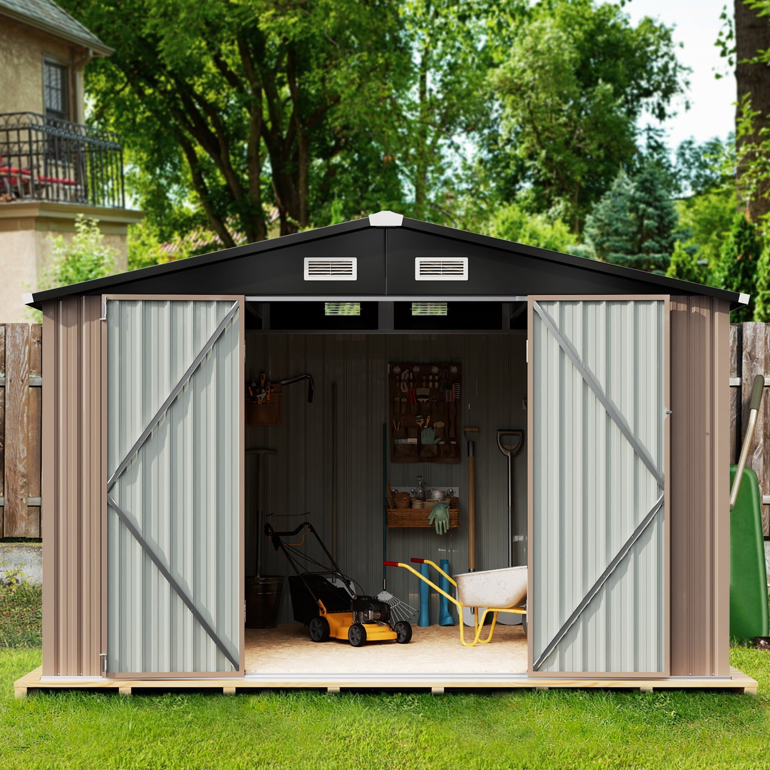 BaPiPro 8' x 10' Outdoor Metal Storage Shed, Steel Garden Shed with Sliding Door, Tool Storage Shed for Backyard, Patio, Lawn