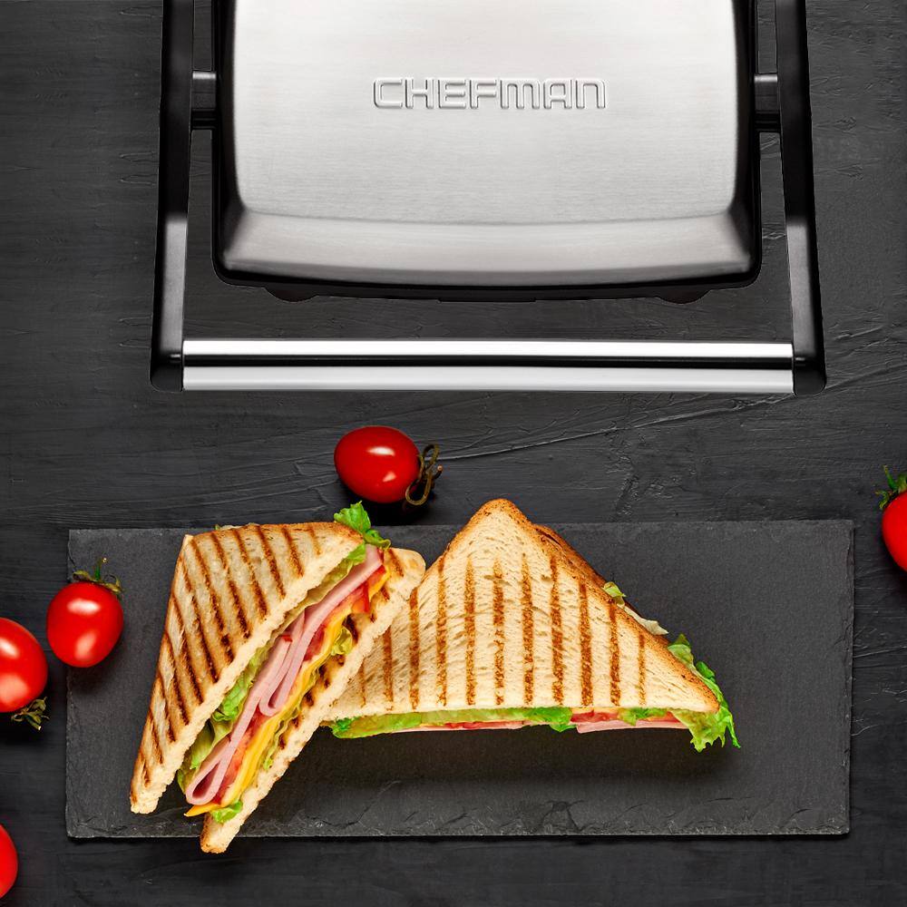 Chefman 8 in. Black Electric Panini Press Grill and Gourmet Sandwich Maker with Non-Stick Coated Plates Opens 180 Degrees RJ02-180-R