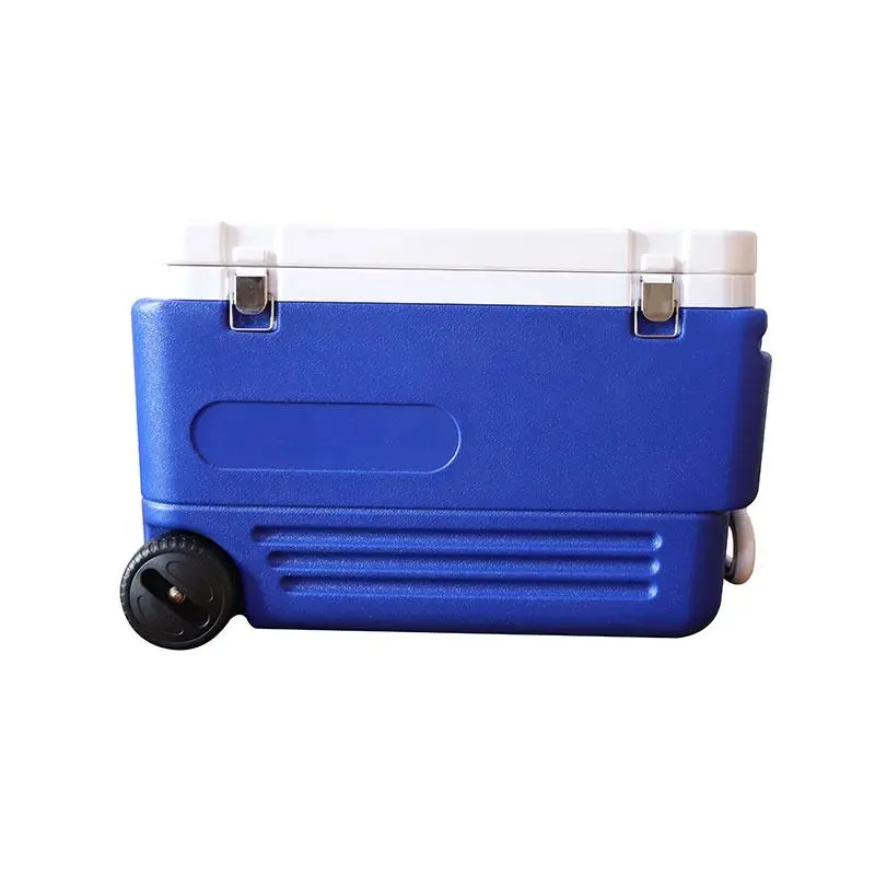 Factory Customized Logo Camping Bule 60L Plastic Trolley Cooler Box Outside Insulated Ice Chest Cooler Box with Wheels