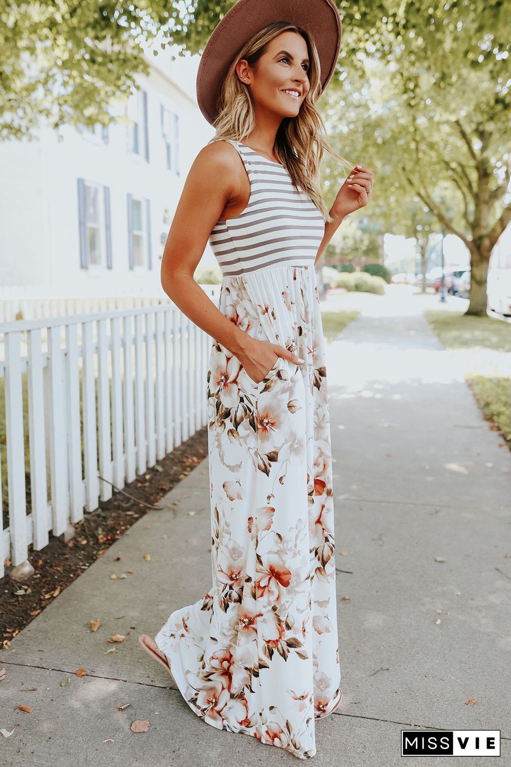 White Striped Floral Print Sleeveless Maxi Dress with Pocket