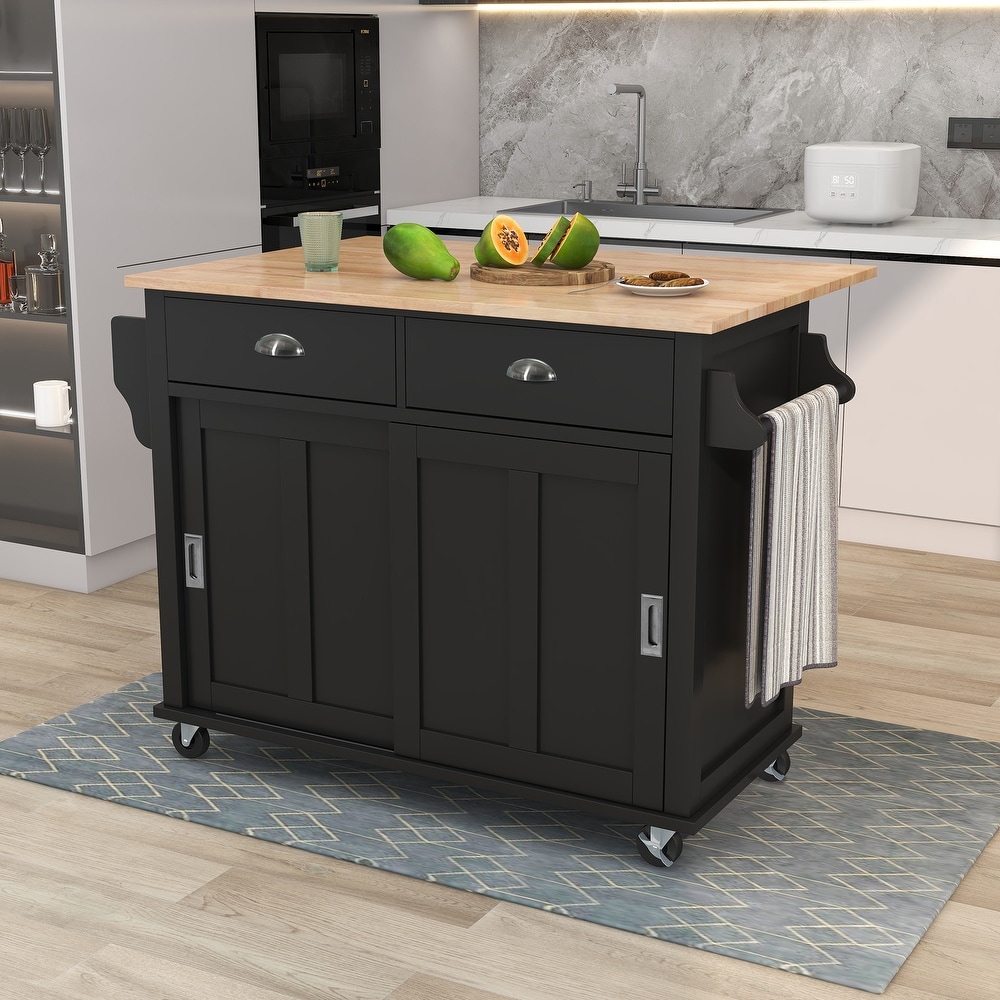 Kitchen Cart with Rubber wood Drop Leaf Countertop  Concealed Sliding Barn Door  Storage Cabinet   2 Drawers for Dinning Room