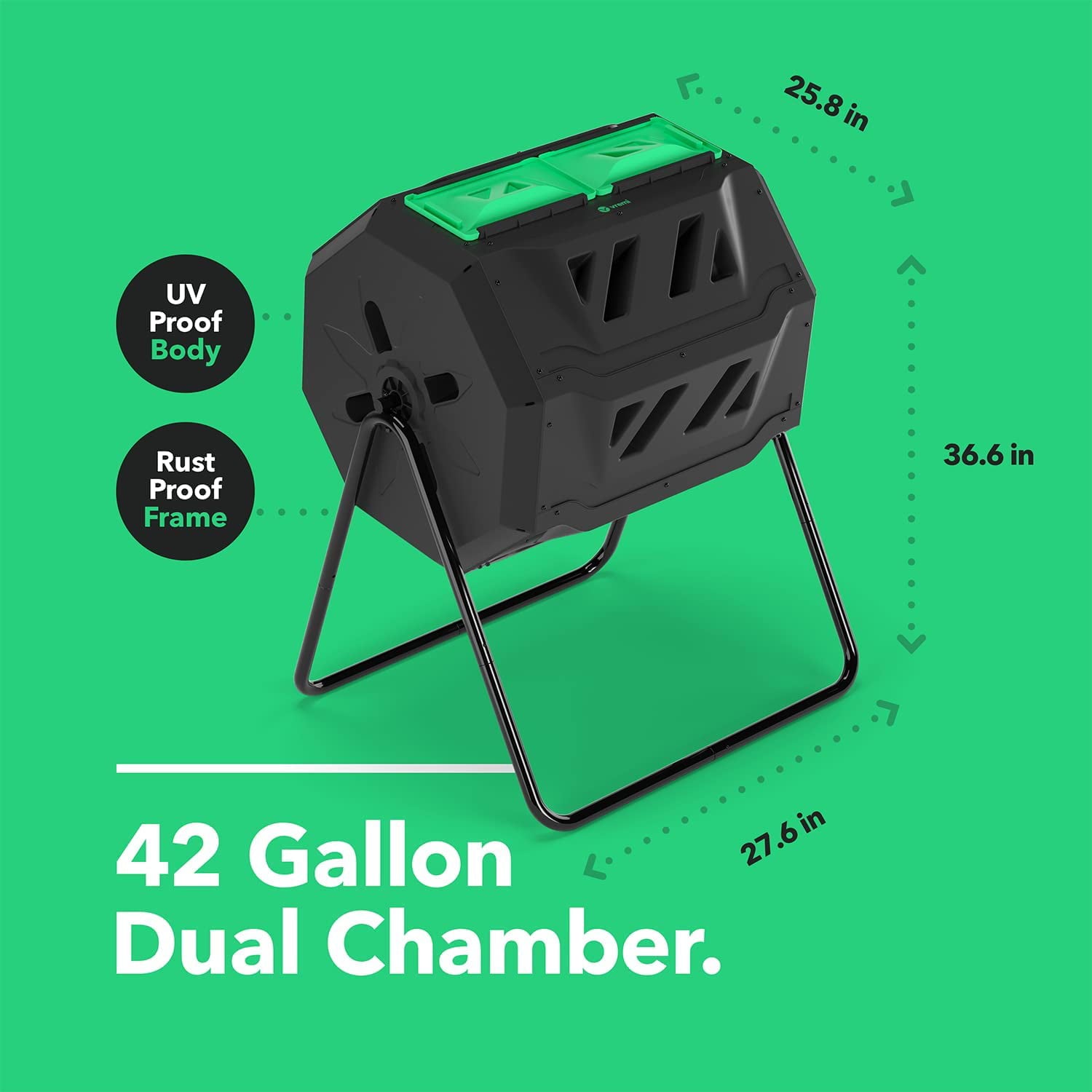 Vremi Tumbling Outdoor Compost Bin – Dual Chamber 360° UV Proof and Rust Proof 42 gal with Secure Sliding Doors – All Season Composter with Aeration System
