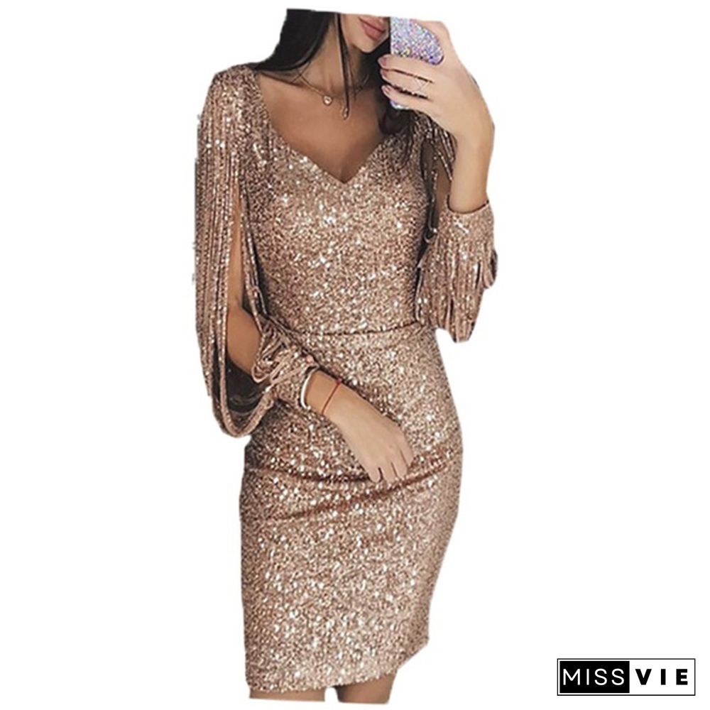 3 Color Xs-8Xl Super Sexy Ladies Vogue Tassels Detail Slit Sleeve Sequin Party Dress Female Nightclub Midi Dresses