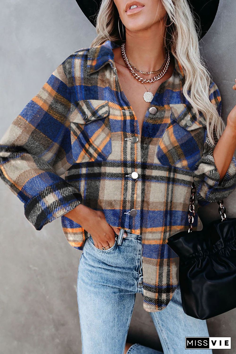 Geometric Plaid Print Pocketed Shirt