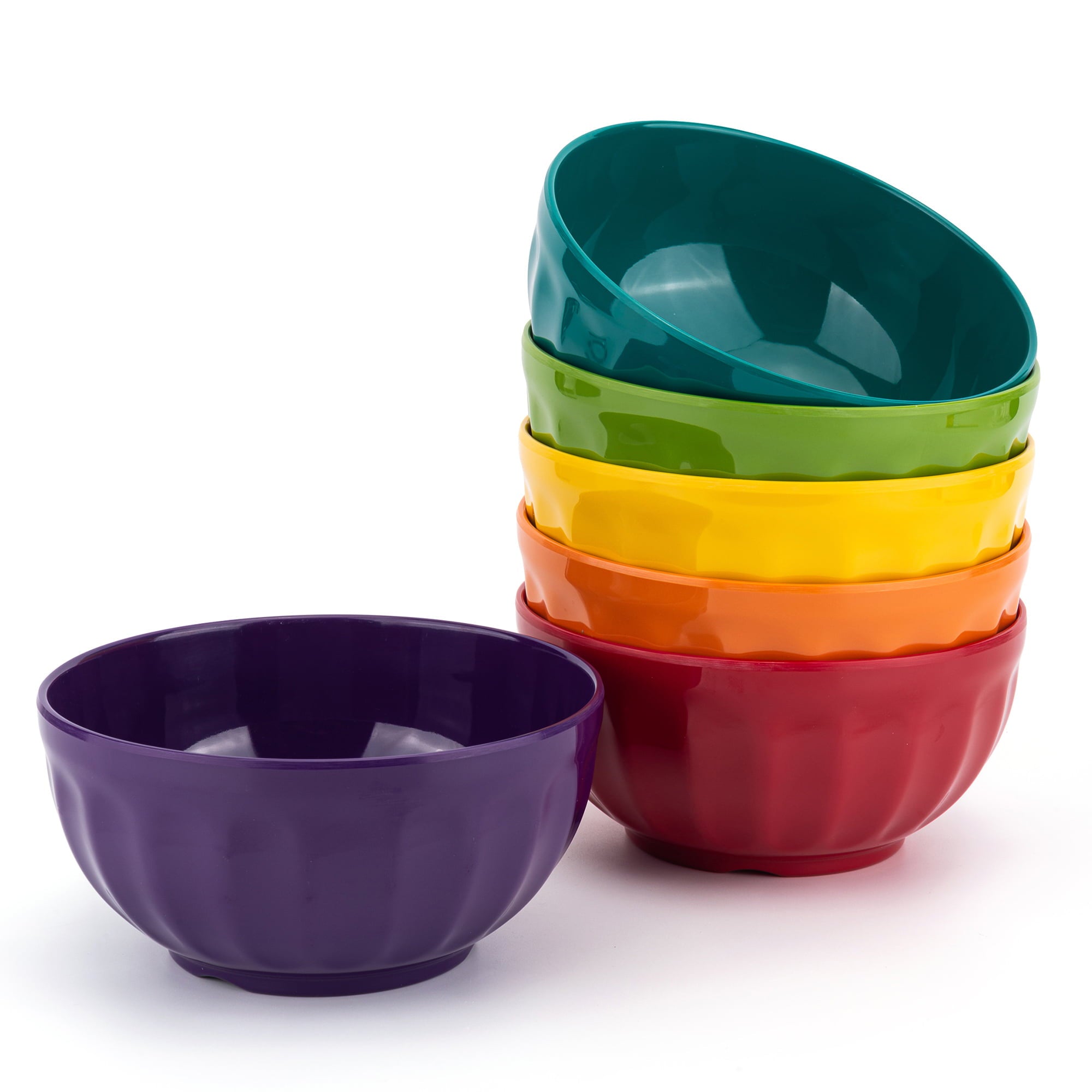 KX-Ware 6 inch， 28 Ounce Melamine Fluted Bowls for Snack and Cereal or Salad， Set of 6 Multicolor