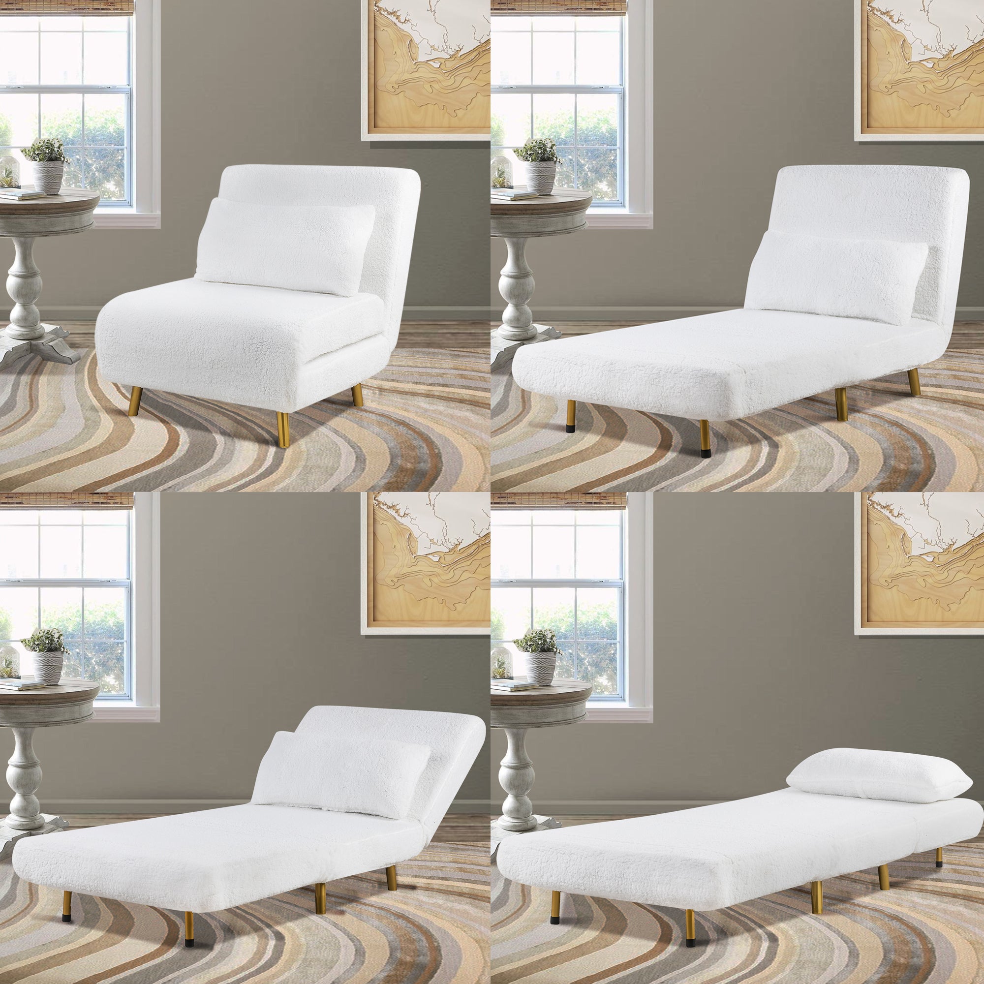 GIA Design Group Tri-Fold Convertible Velvet Sofa Bed with Removable Pillow and Legs, White