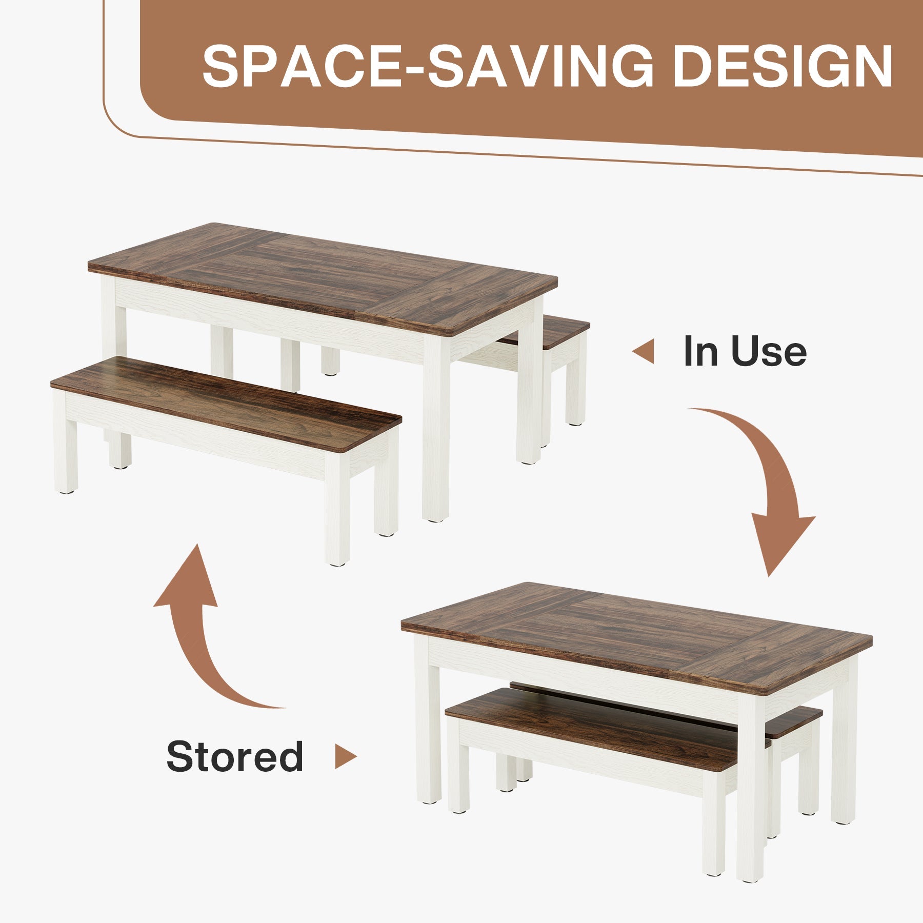 55 Dining Table Set, 3 Pieces Wood Kitchen Table with 2 Benches