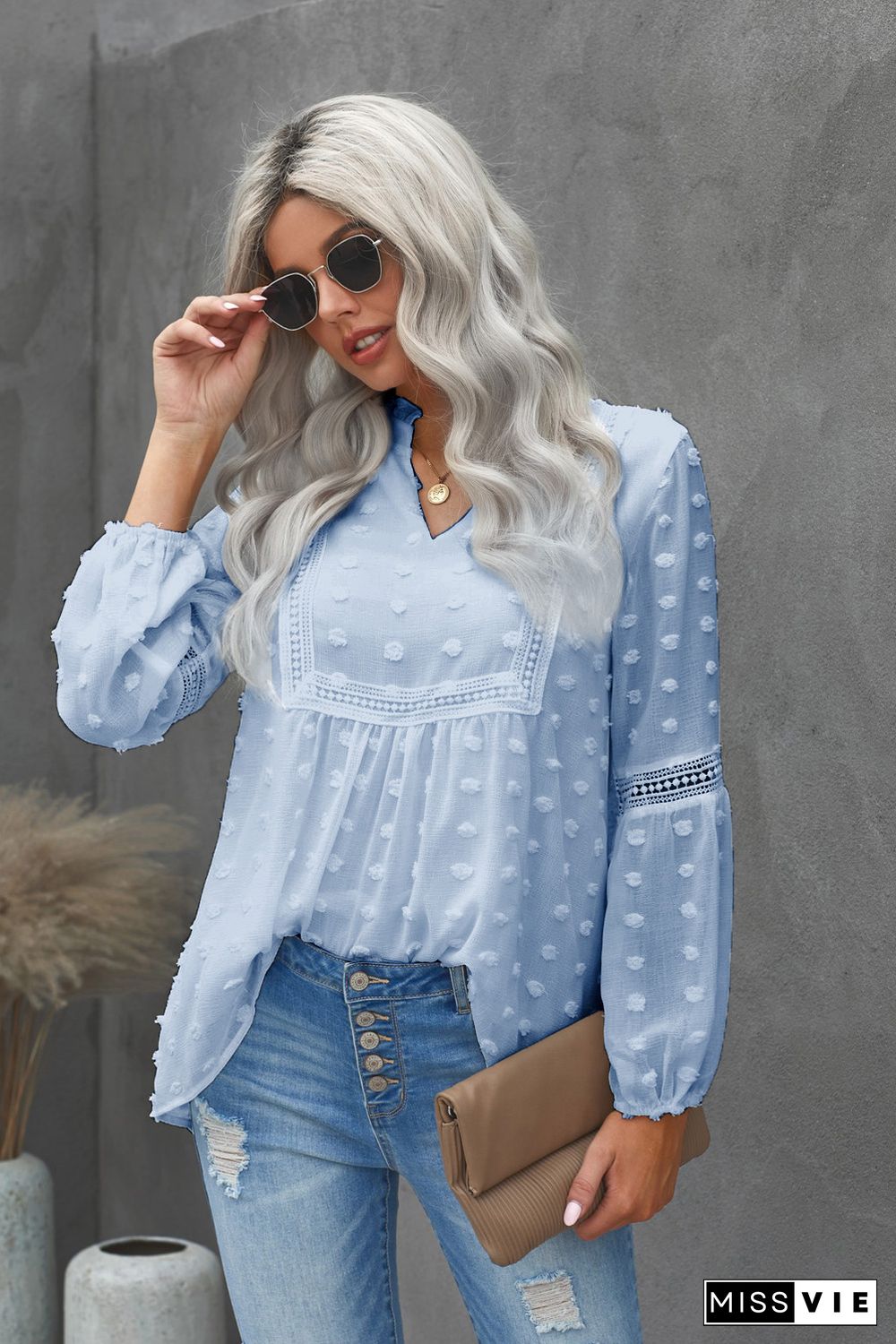 Blue Ruffled Split Neck Lace Hollow Out Puff Sleeve Polka Dot Blouse