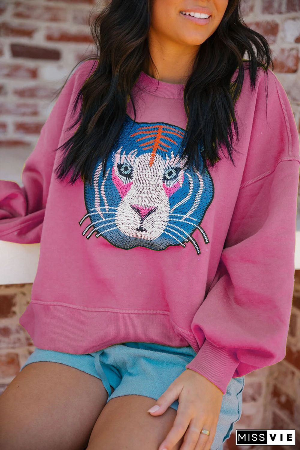 Rose Chic Tiger Embroidered Casual Sweatshirt