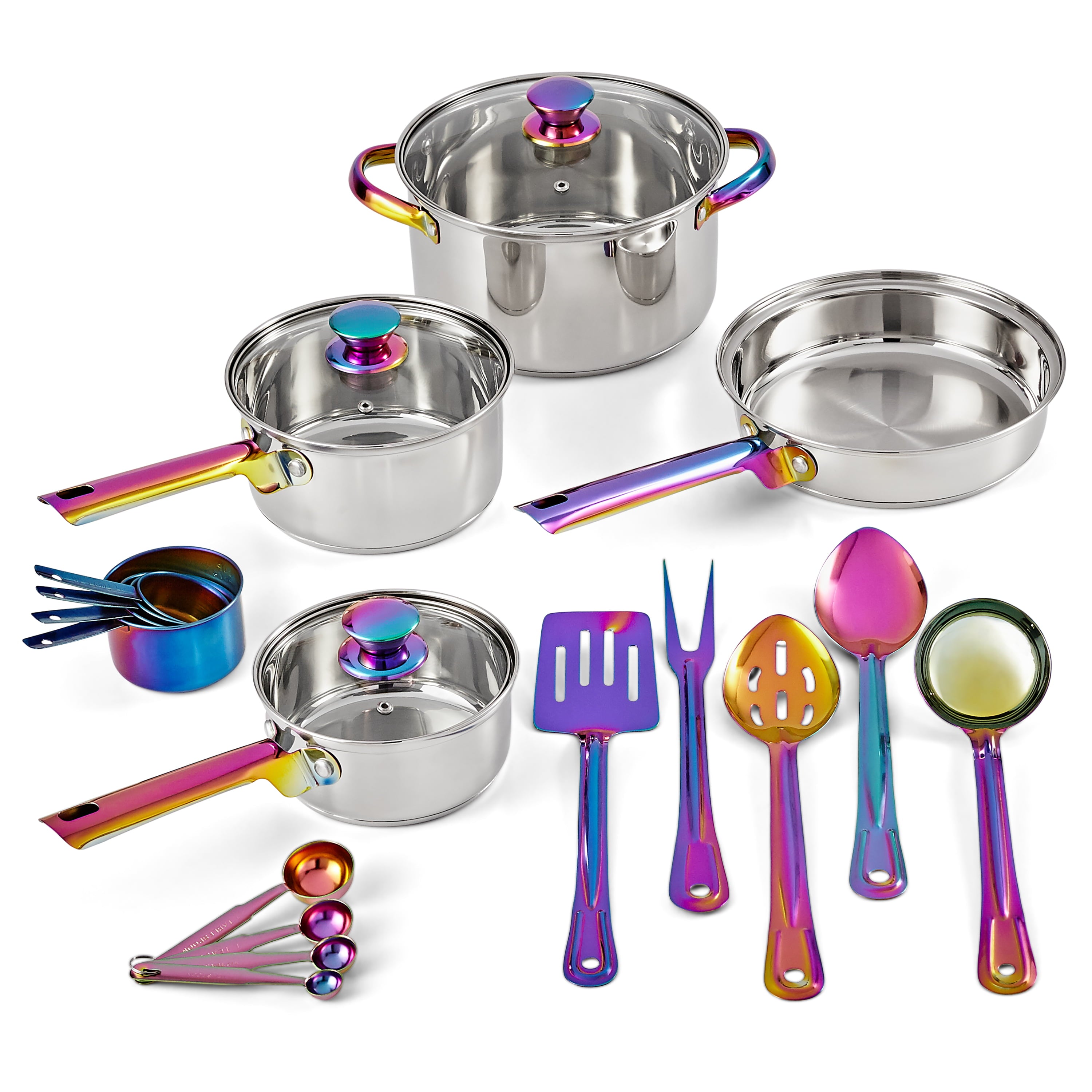 Mainstays Iridescent Stainless Steel 20-Piece Cookware Set, with Kitchen Utensils and Tools