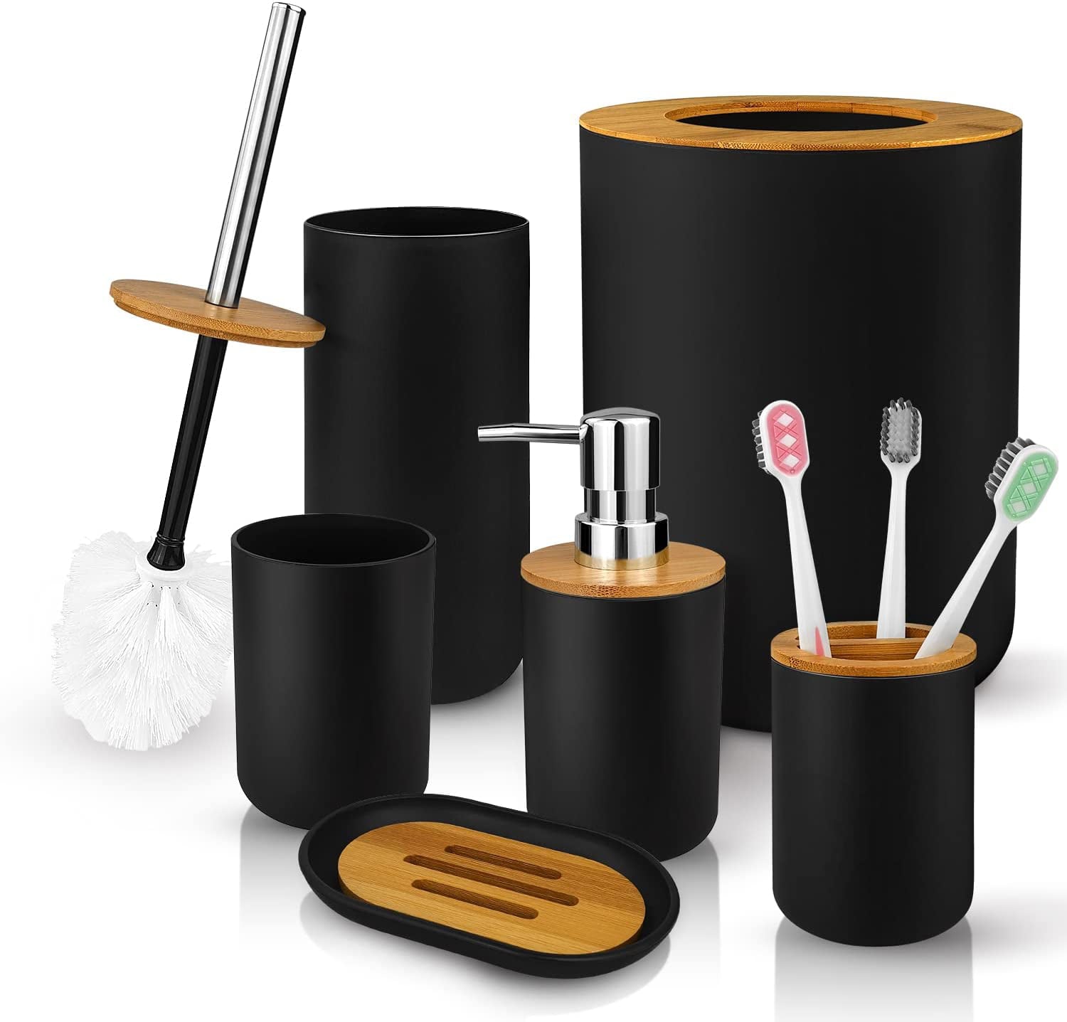 6 Pcs Bamboo and Plastic Bathroom Accessories Sets， Specially Designed for Small Spaces， Suitable for Homes， Hotels， Office Buildings (Black)