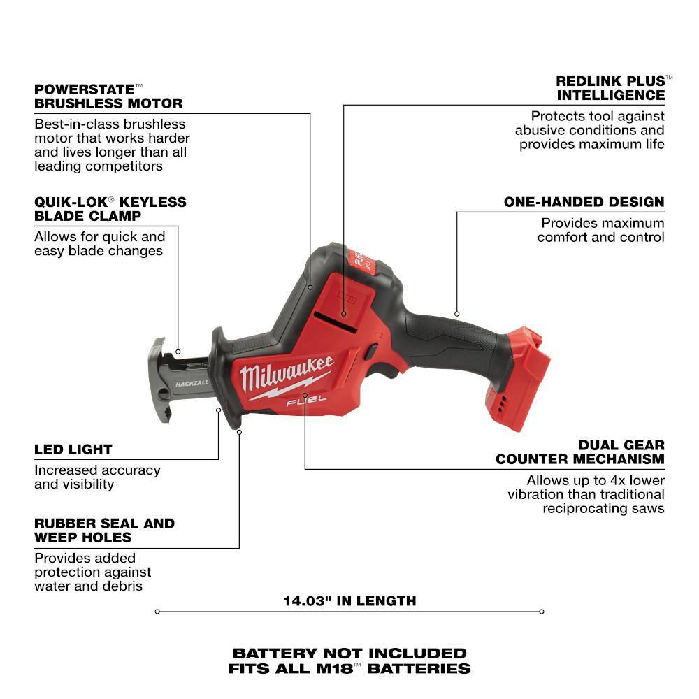 MW M18 FUEL 18V Lithium-Ion Brushless Cordless HACKZALL Reciprocating Saw with 5.0Ah Battery  Sawzall Blade Set 2719-20-48-11-1850-49-22-1110F