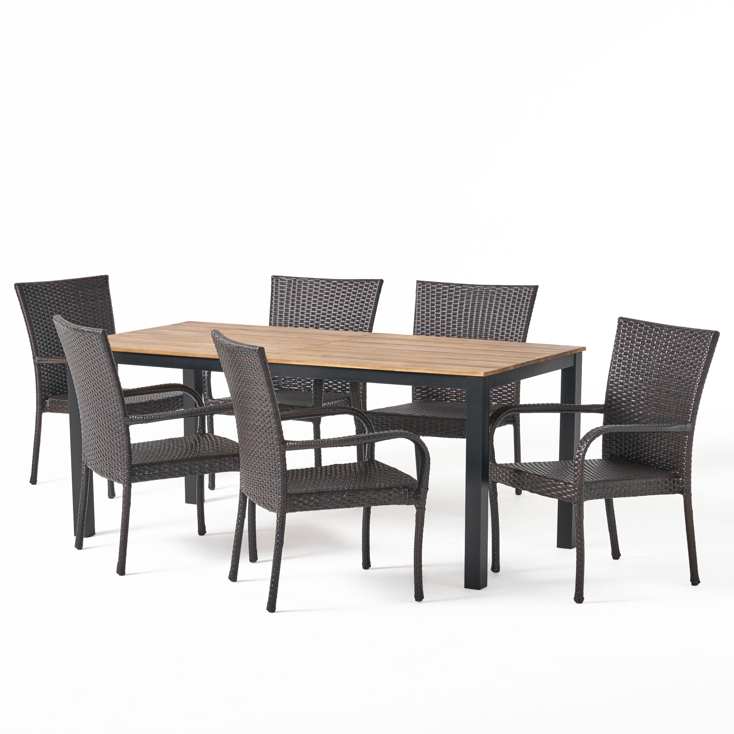 Una Outdoor 7 Piece Acacia Wood Dining Set with Stacking Wicker Chairs, Teak and Gray