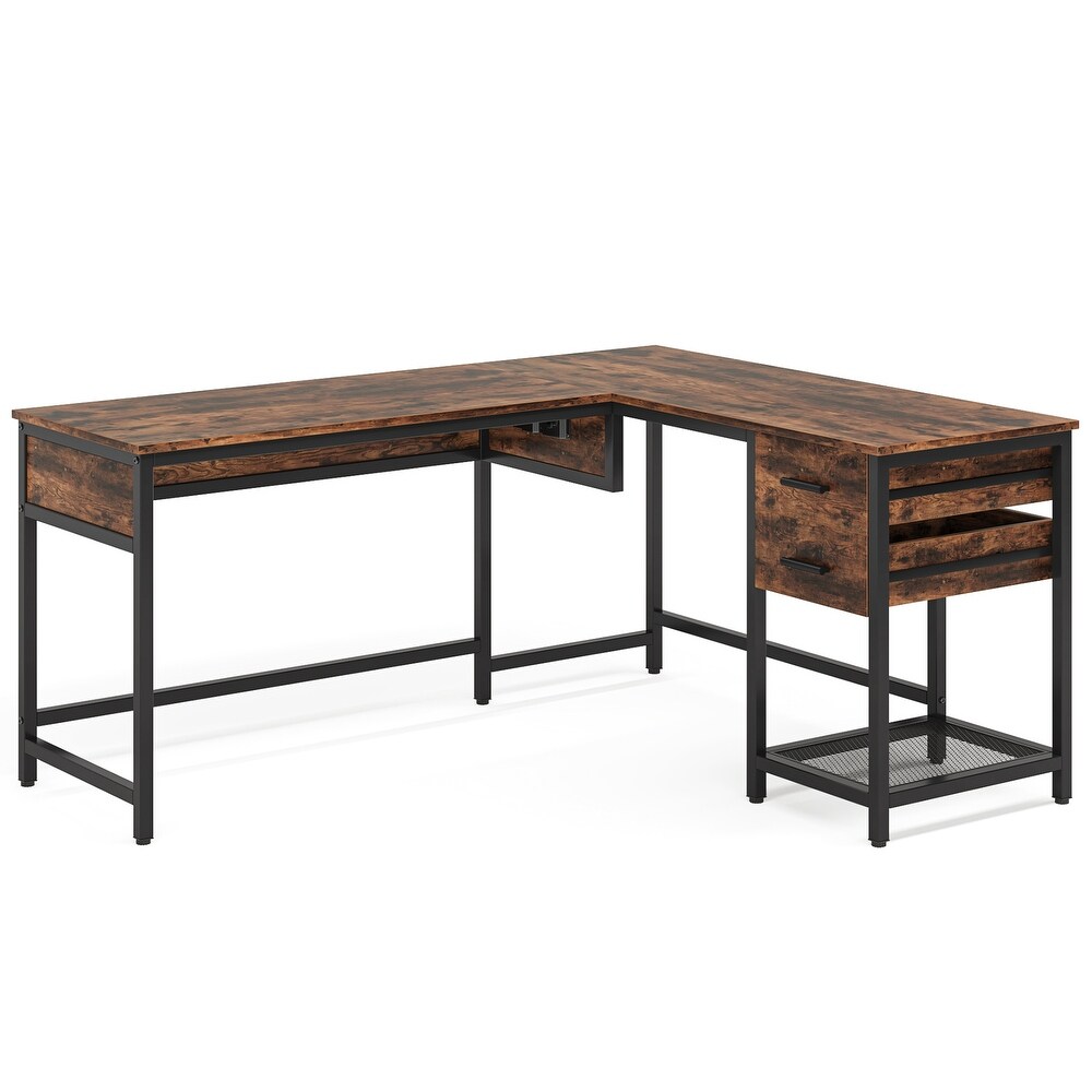 Wood Solid 59’’ L shaped Computer Corner Desk with Lift Top  Industrial Writing Table with Drawers and Storage Shelves