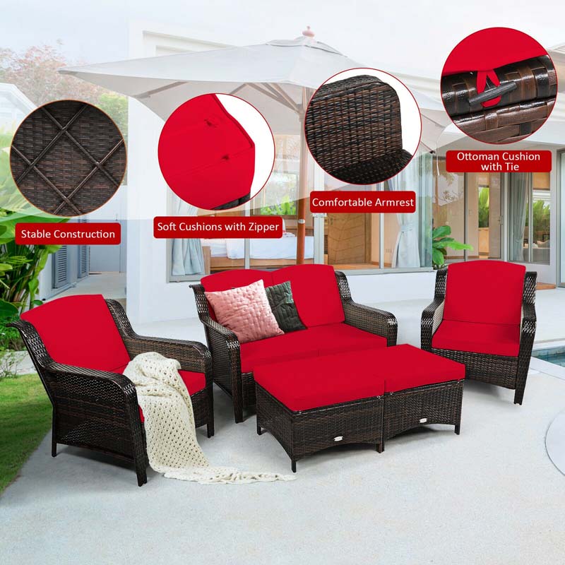 5 Pcs Rattan Wicker Patio Furniture Set with Loveseat, Single Sofas & Ottomans, Outdoor Conversation Sets