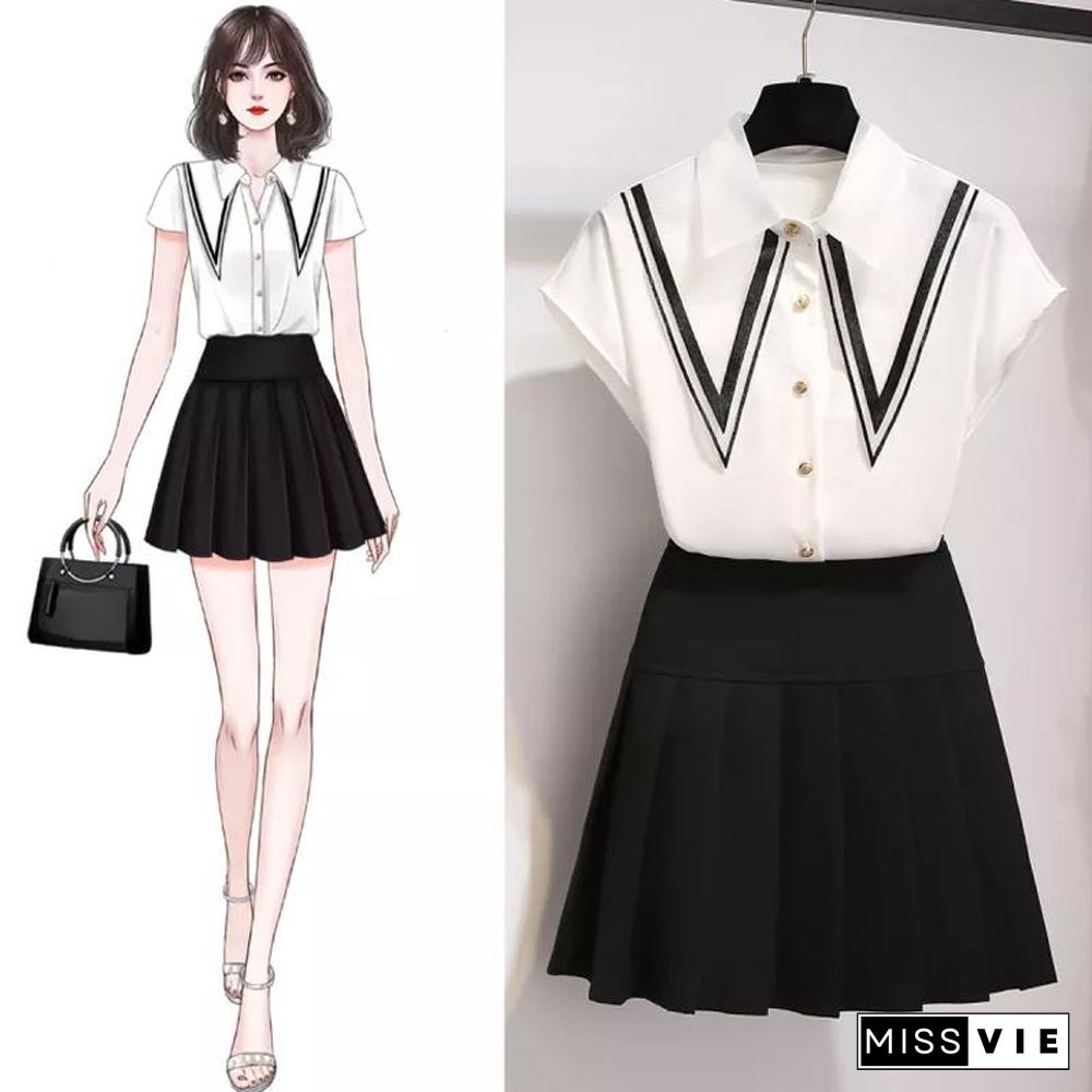 Chic Blouse+High Waist Pleated Skirt P10733