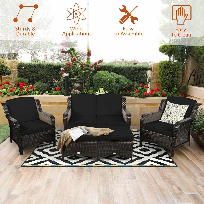 5 Pcs Rattan Wicker Patio Furniture Set with Loveseat, Single Sofas & Ottomans, Outdoor Conversation Sets